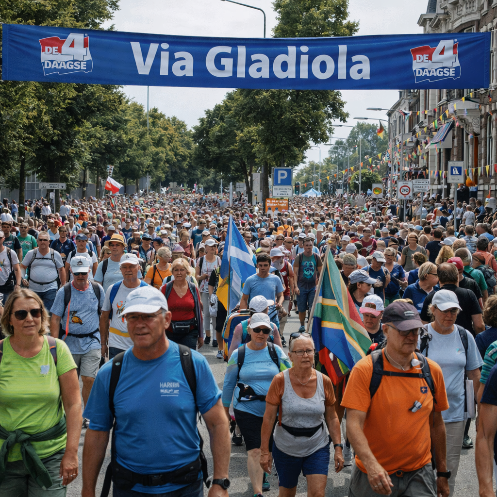 Grote groep wandelaars op de Via Gladiola tijdens de Nijmeegse Vierdaagse in Nijmegen