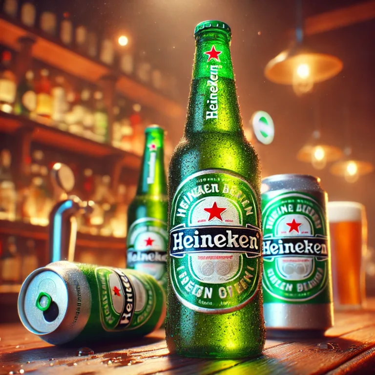 Een door ai gegenereerde foto met daarin flesjes en bikjes van Heineken