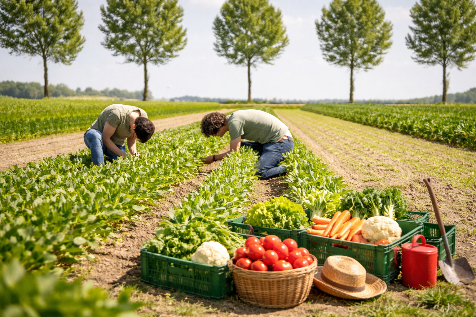 Twee boeren verzorgen gewassen op een landbouwakker, met kratten vol verse groenten op de voorgrond en een rij bomen op de achtergrond